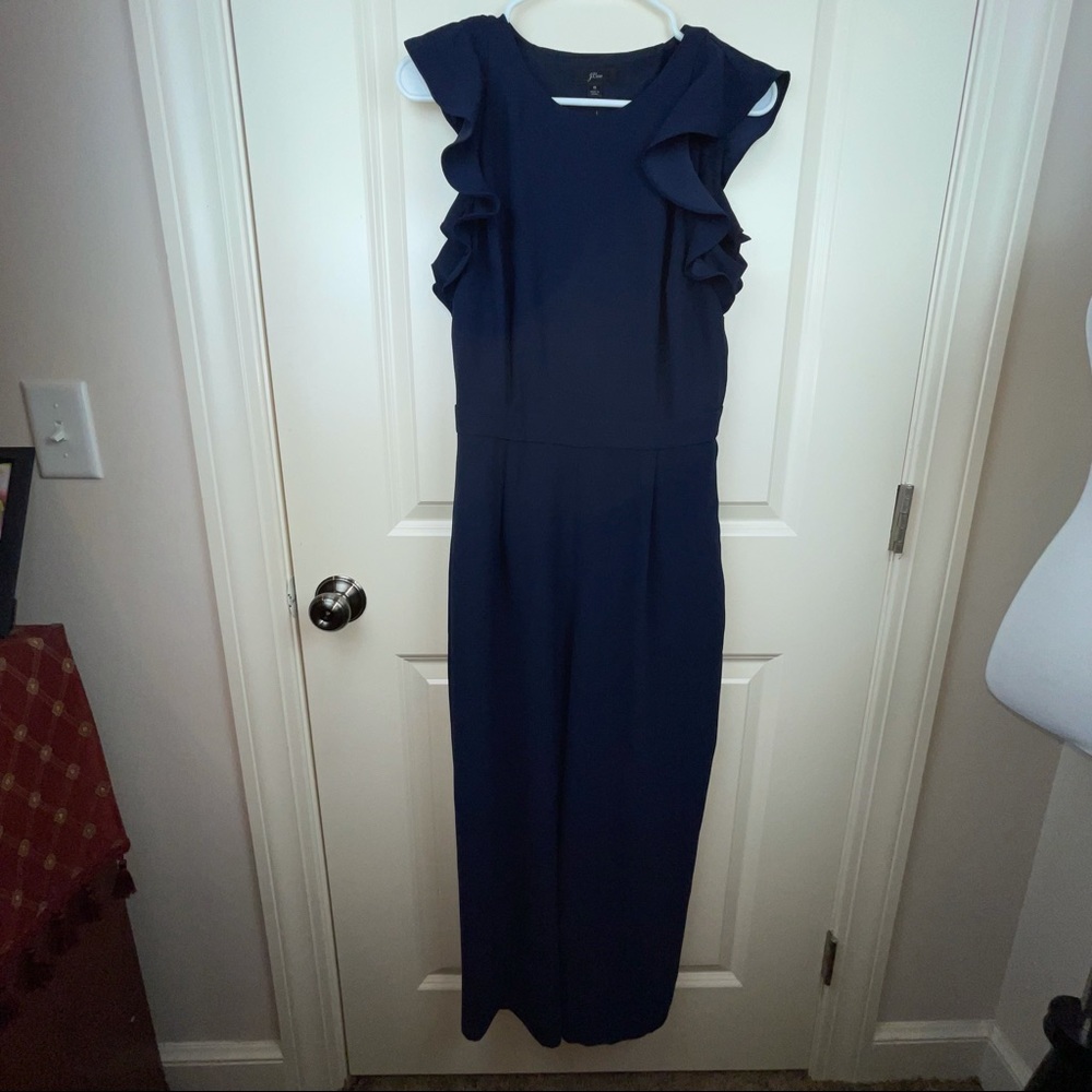 NEW J Crew Ruffle Sleeve Navy Wide Leg Jumpsuit - Picture 4 of 14